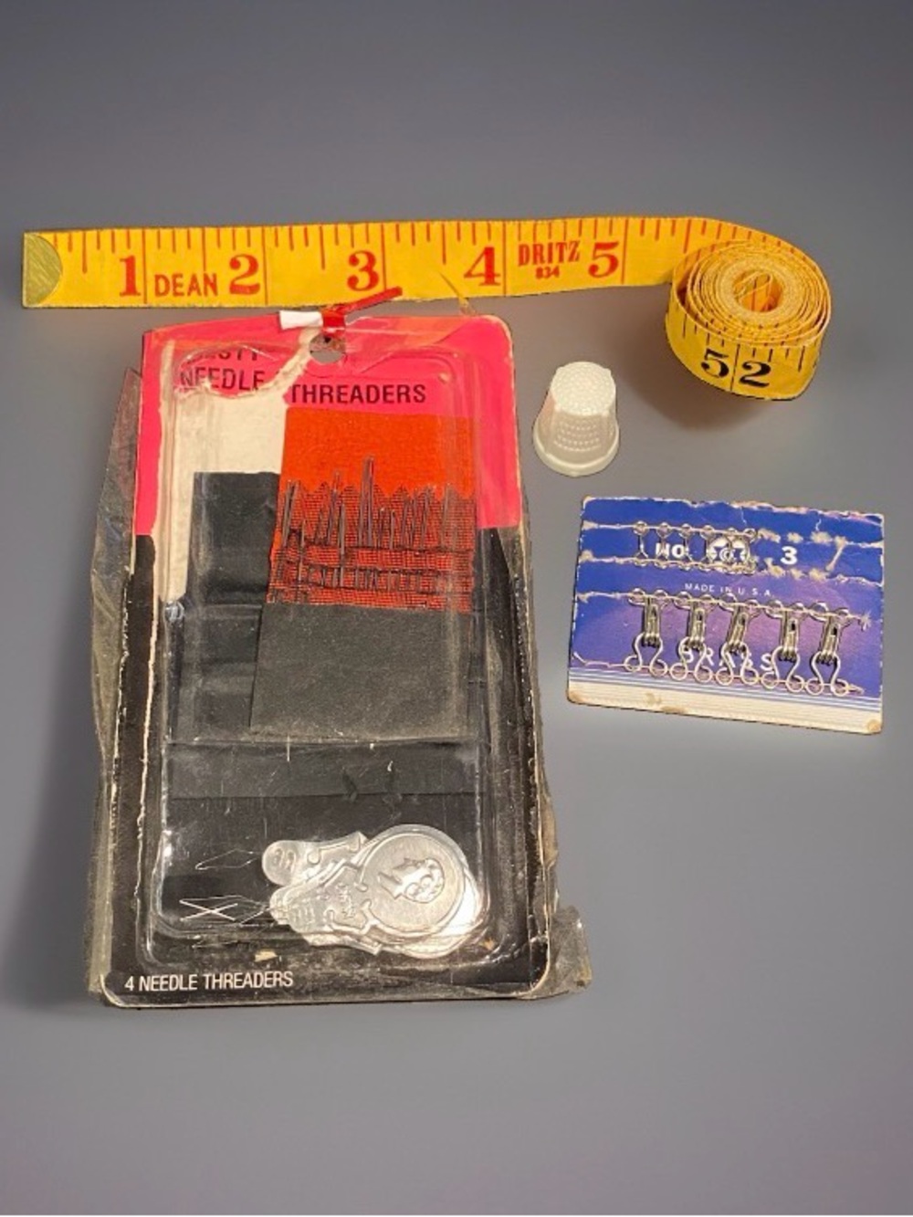 Vintage Sewing Notions Lot - Dritz Tape Measure, Needle Threaders, Hooks & Eyes